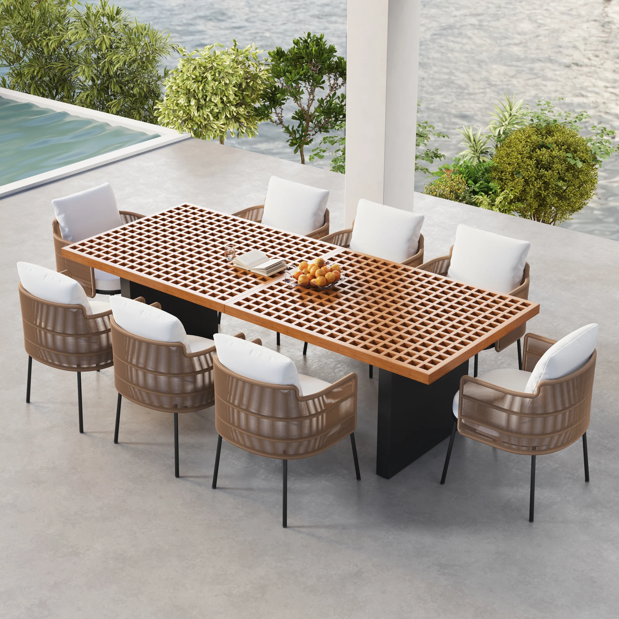 2500x2500_ea4cca6daab1861a4a2a8f25c3667ef4 Grida Gartenmöbel-Set, 9-teilig, rechteckiger Esstisch mit 8 Stühlen aus Teakholz und Polyrattan – Bild 1