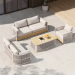 Costra 4-teiliges drehbares Outdoor-Lounge-Set aus geflochtenem Seil mit Couchtisch, Elfenbein – Gartenmöbel für bis zu 6 Personen
