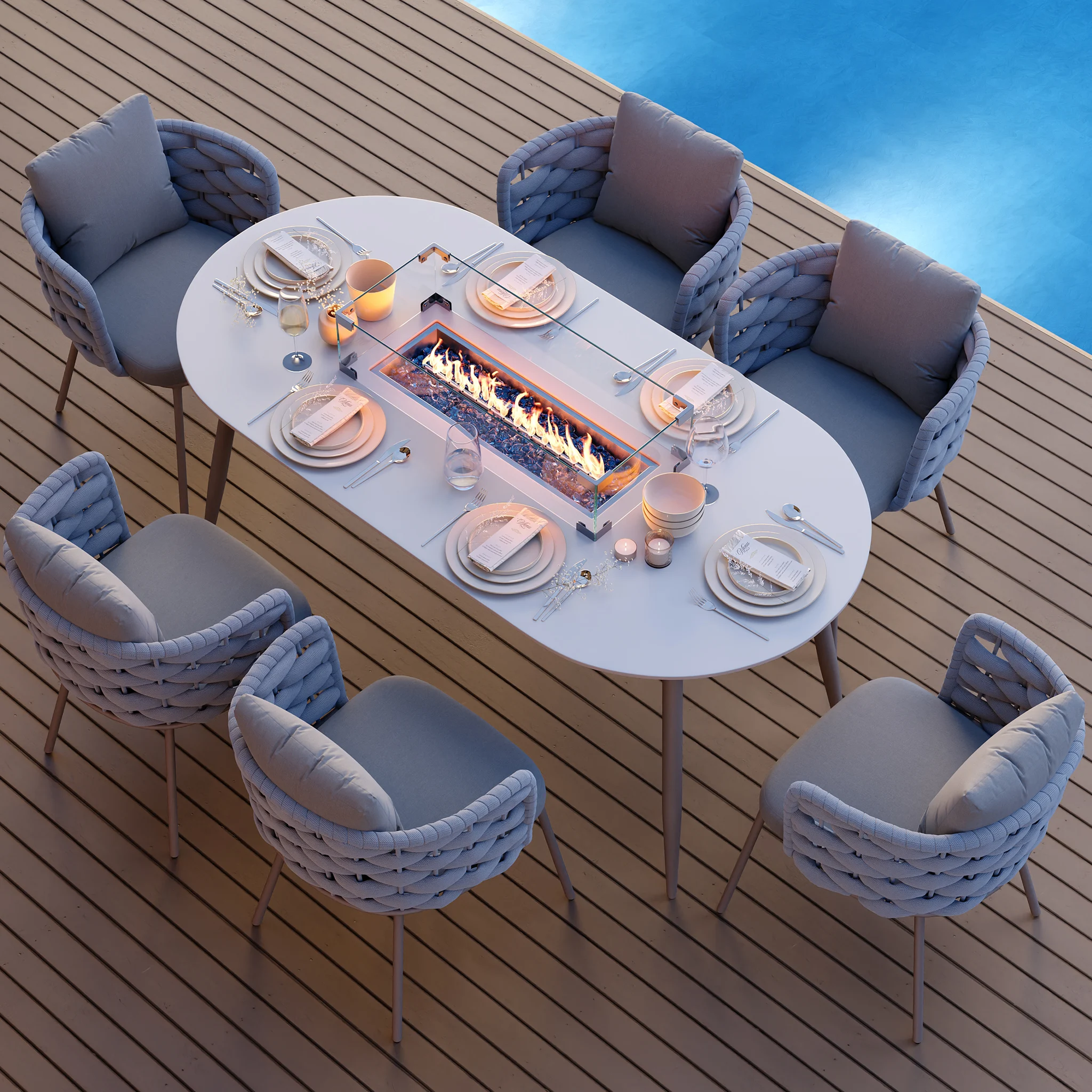 2500x2500_8879b4bff957402069c8d7c982253a72 7-teiliges Outdoor-Essgruppen-Set mit ovalem Propantisch und Armstühlen mit Seilgeflecht – Bild 1